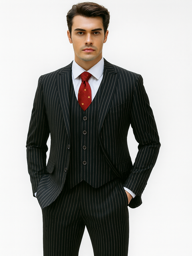 Mens Vested Gangster Pinstripe 1920's Suit in Black