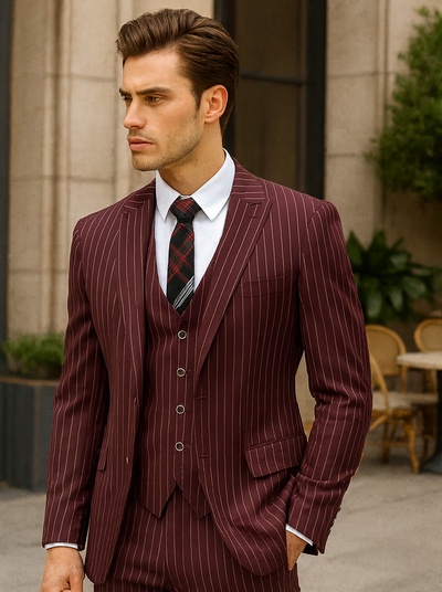 Mens Vested Gangster Pinstripe 1920's Suit in Burgundy 3 SO1V2RS-9_BURGUNDY_42R  - from alligatorwarehouse.com