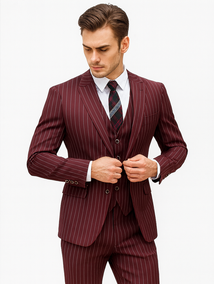 Mens Vested Gangster Pinstripe 1920's Suit in Burgundy