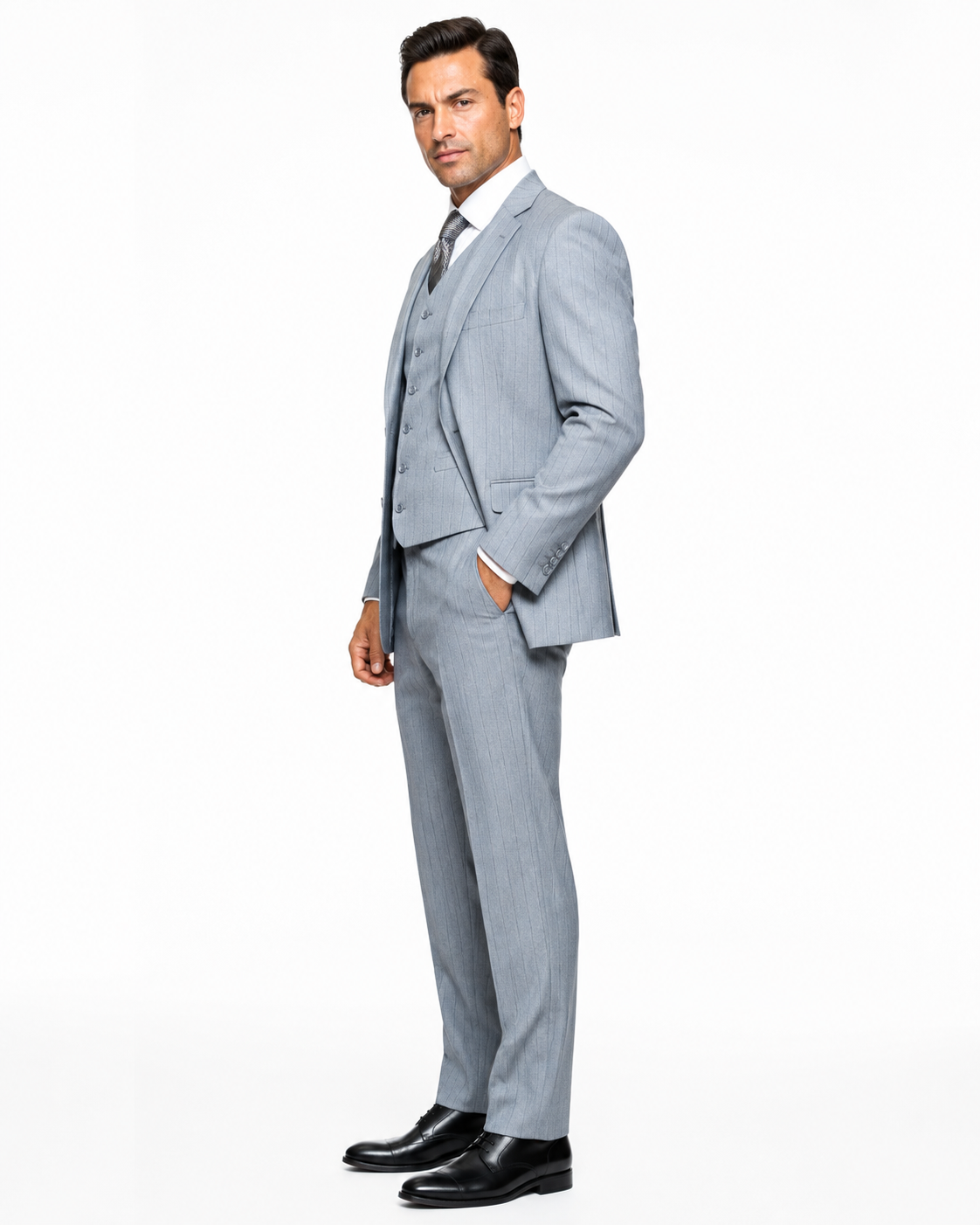 Mens Vested Gatsby Suit Pinstripe Grey Regular Fit Venetian