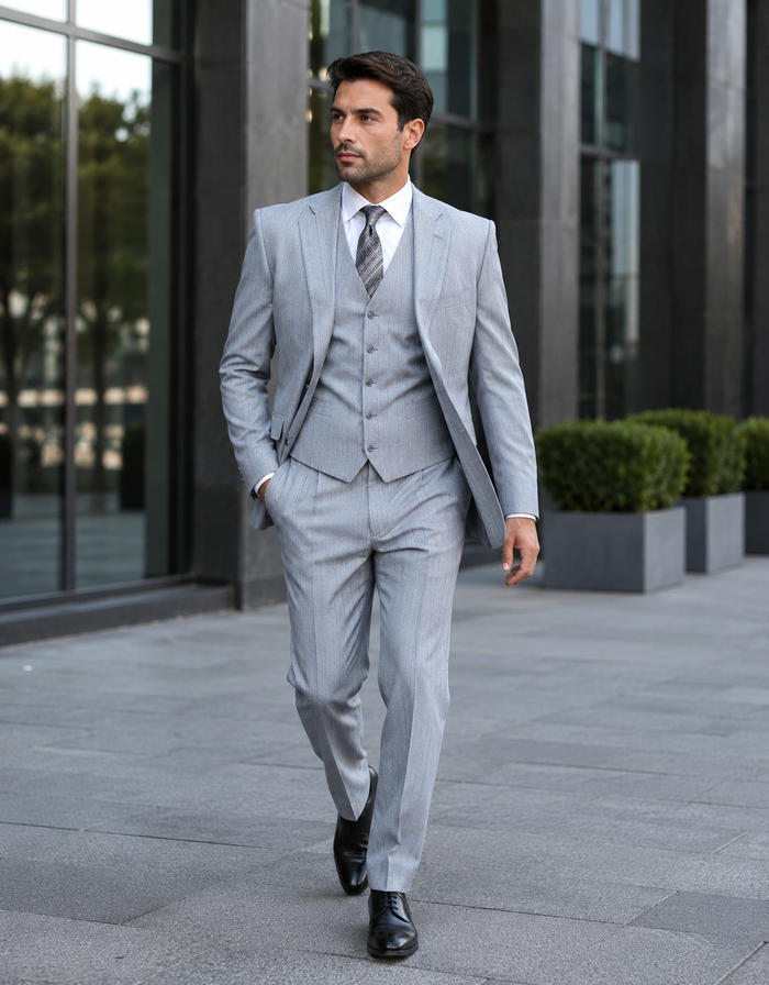 Mens Vested Gatsby Suit Pinstripe Grey Regular Fit Venetian