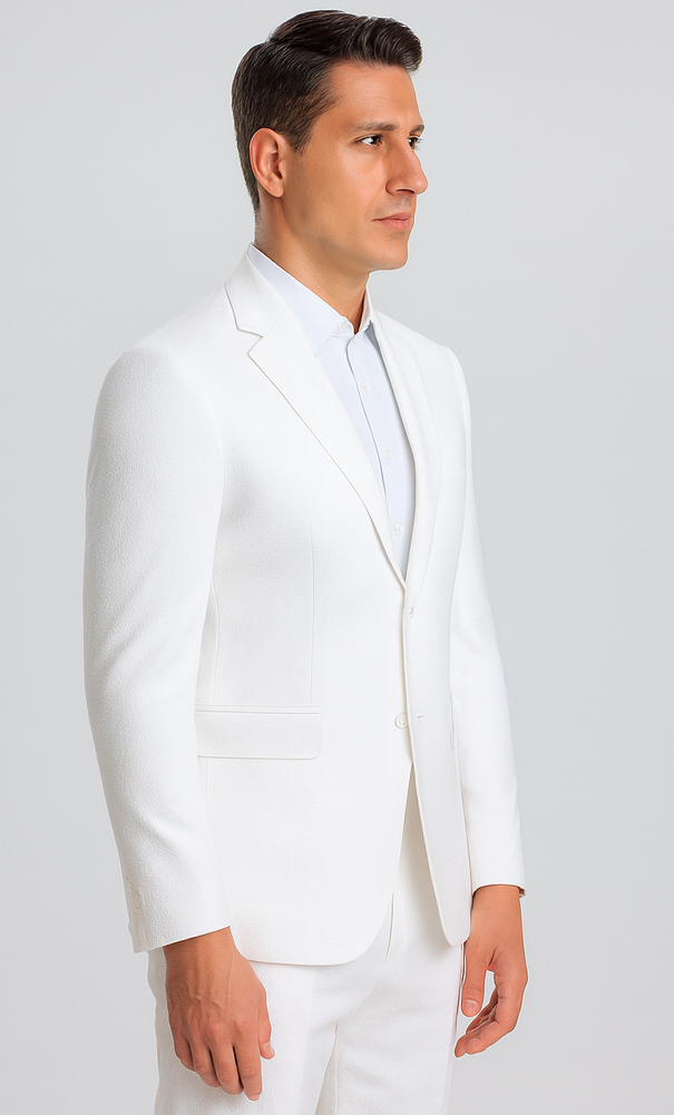 Mens Jacket + Pants Summer Seersucker Suit in White Pinstripe