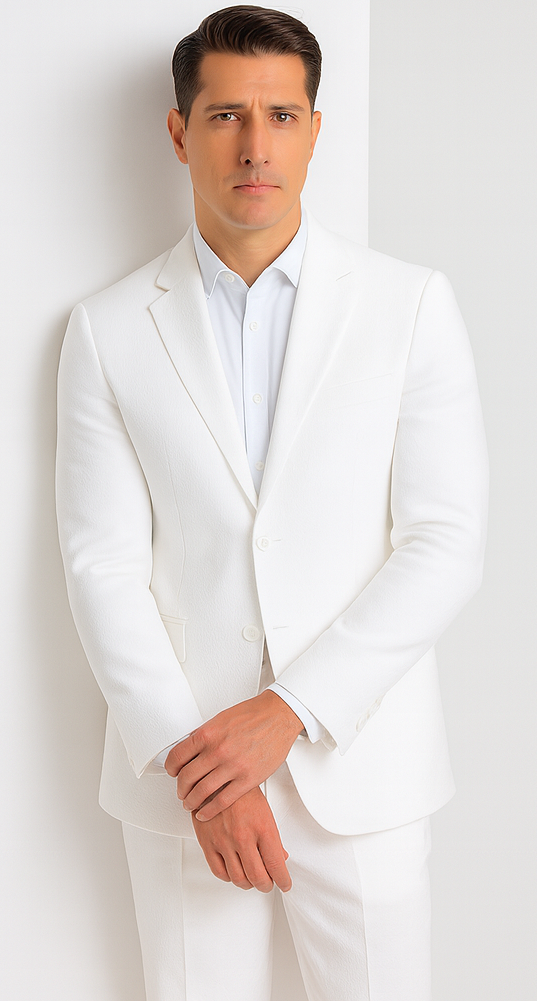 Mens Jacket + Pants Summer Seersucker Suit in White Pinstripe