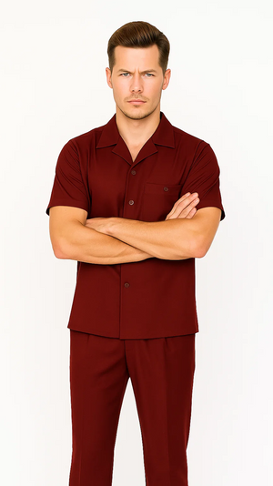 Mens Walking Suit in Color Burgundy leisure suit causal Matching Shirt and Pants $99