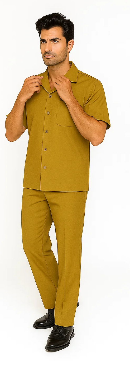 Mens Walking Suit in Color mustard  leisure suit causal Matching Shirt and Pants $99
