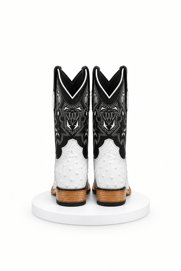 Mens White Diamond Boot White Boots Ostrich Print Square Toe