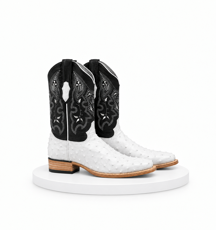 Mens White Diamond Boot White Boots Ostrich Print Square Toe