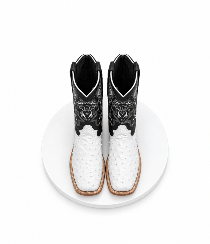 Mens White Diamond Boot White Boots Ostrich Print Square Toe