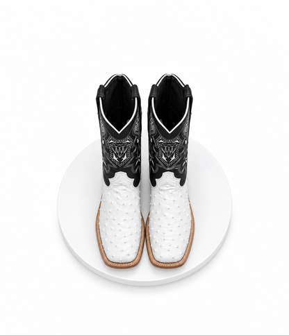 Mens White Diamond Boot White Boots Ostrich Print Square Toe