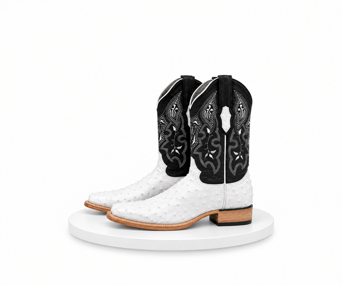 Mens White Diamond Boot White Boots Ostrich Print Square Toe