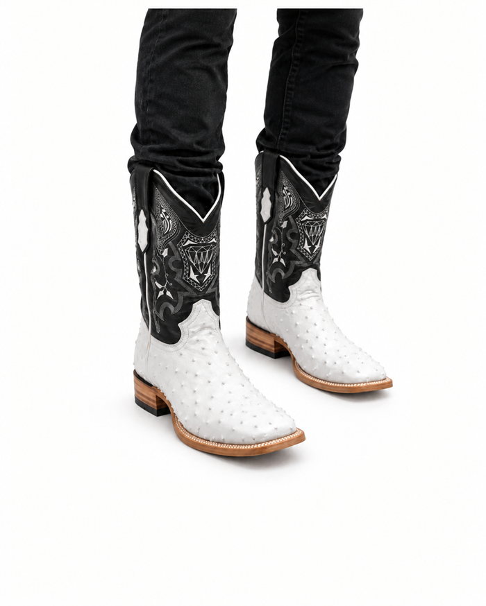 Mens White Diamond Boot White Boots Ostrich Print Square Toe