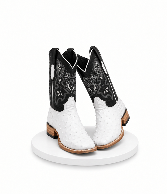 Mens White Diamond Boot White Boots Ostrich Print Square Toe