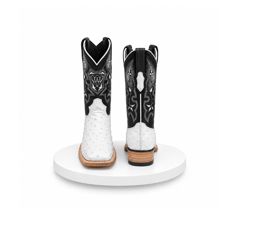Mens White Diamond Boot White Boots Ostrich Print Square Toe