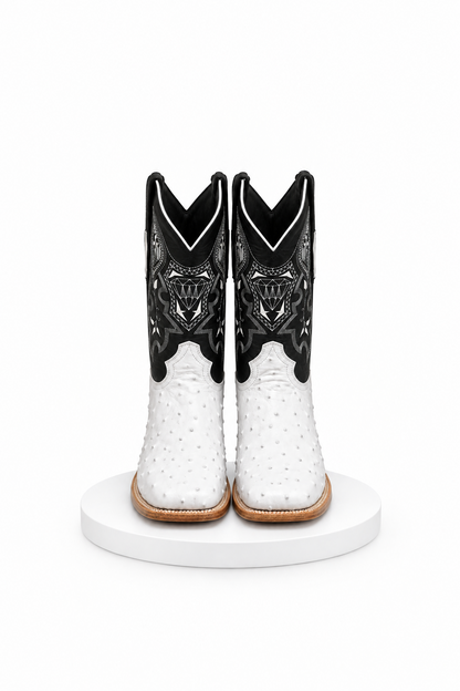 Mens White Diamond Boot White Boots Ostrich Print Square Toe