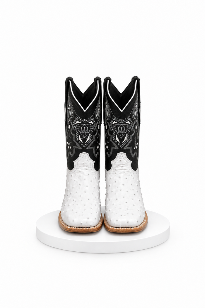 Mens White Diamond Boot White Boots Ostrich Print Square Toe