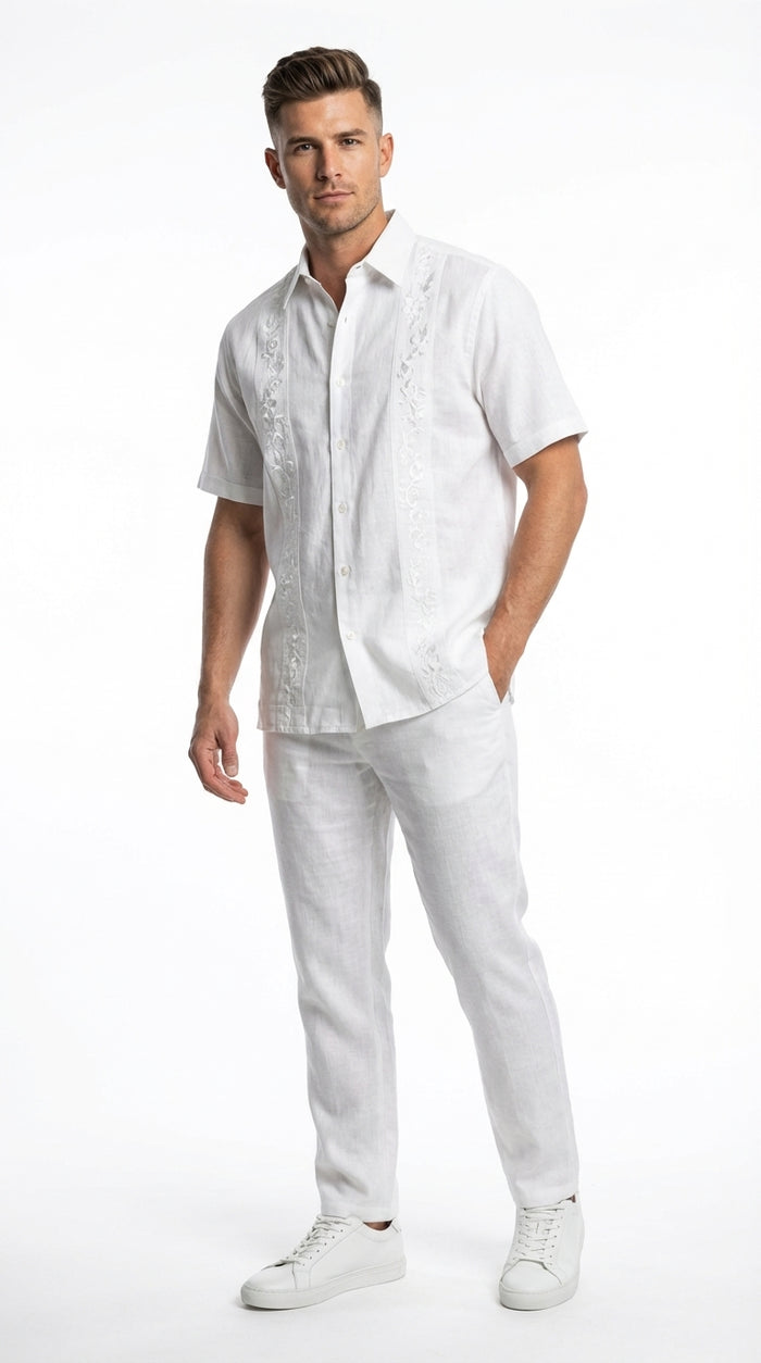 Men’s White Embroidered Walking Suit Set, Short Sleeve Shirt and Pants Casual Summer Outfit