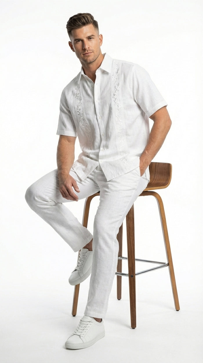 Men’s White Embroidered Walking Suit Set, Short Sleeve Shirt and Pants Casual Summer Outfit