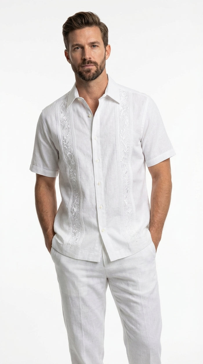 Men’s White Embroidered Walking Suit Set, Short Sleeve Shirt and Pants Casual Summer Outfit