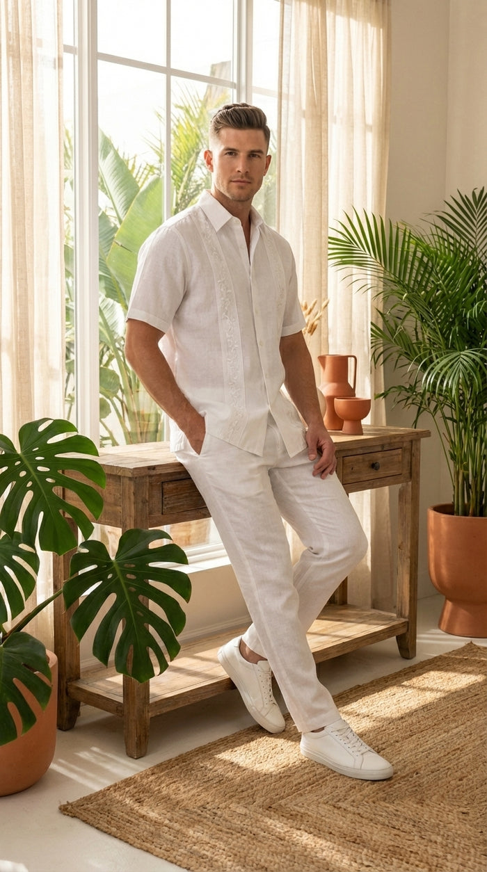 Men’s White Embroidered Walking Suit Set, Short Sleeve Shirt and Pants Casual Summer Outfit