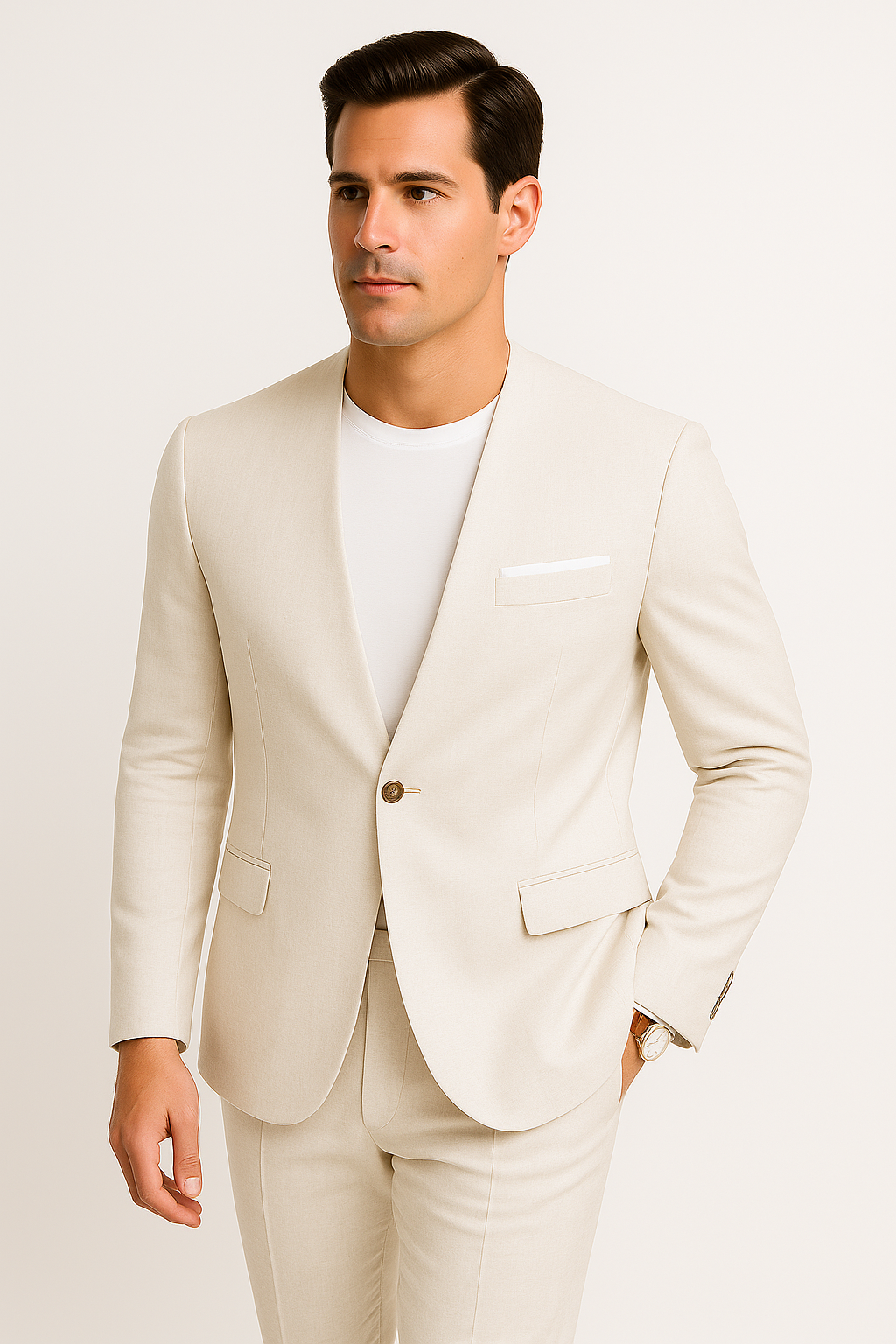 White Linen Suit For Summer - Collarless Blazer and Pants Collarless Lapel - No Lapel Casual!