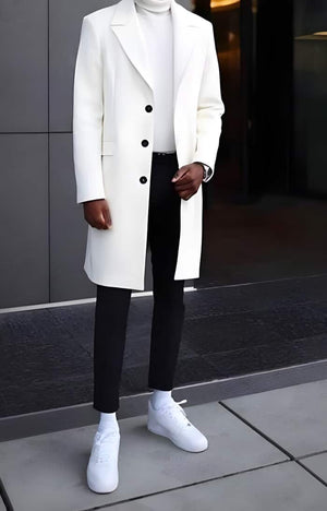 Mens White Overcoat 44Inch Long Double Breasted - White Topcoat For Men's Sale