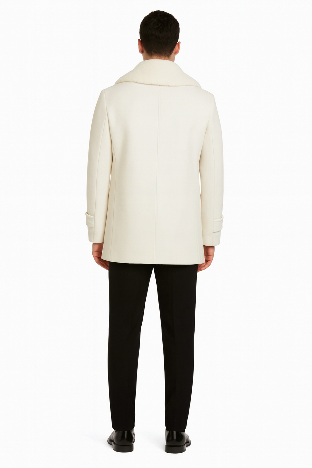 Mens White Peacoat Double-Breasted Overcoat with Faux Fur Shawl Collar – Alberto Nardoni Collection Wool Fabric