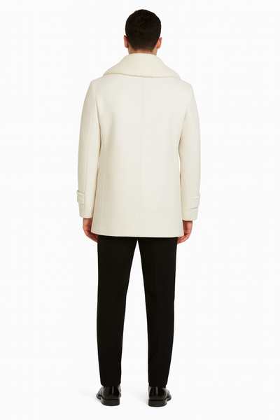 Mens White Peacoat Double-Breasted Overcoat with Faux Fur Shawl Collar – Alberto Nardoni Collection Wool Fabric