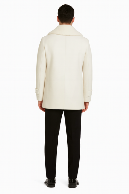 Mens White Peacoat Double-Breasted Overcoat with Faux Fur Shawl Collar – Alberto Nardoni Collection Wool Fabric