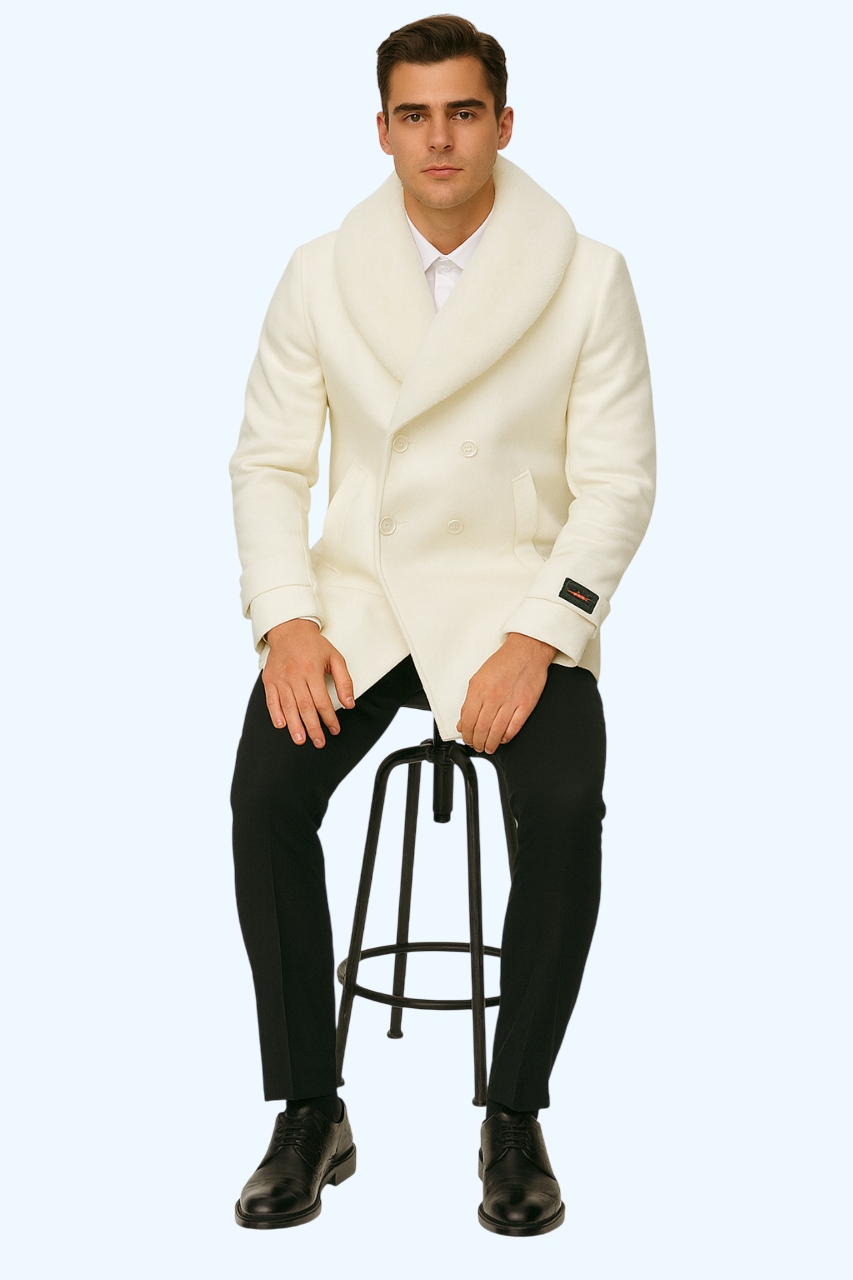 Mens White Peacoat Double-Breasted Overcoat with Faux Fur Shawl Collar – Alberto Nardoni Collection Wool Fabric