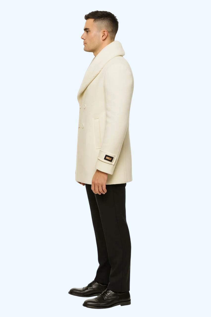 Mens White Peacoat Double-Breasted Overcoat with Faux Fur Shawl Collar – Alberto Nardoni Collection Wool Fabric