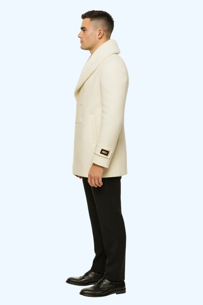 Mens White Peacoat Double-Breasted Overcoat with Faux Fur Shawl Collar – Alberto Nardoni Collection Wool Fabric