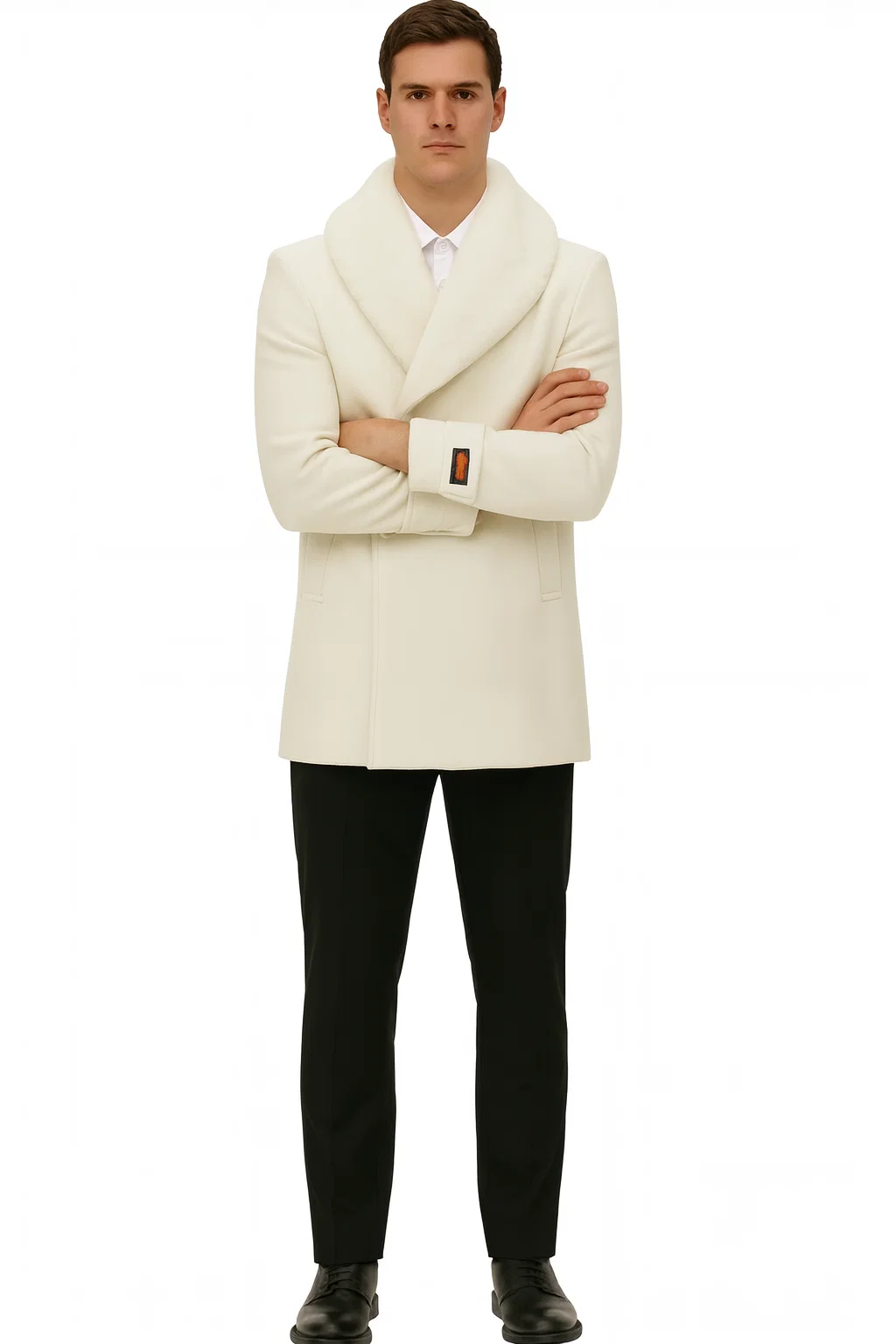 Mens White Peacoat Double-Breasted Overcoat with Faux Fur Shawl Collar – Alberto Nardoni Collection Wool Fabric