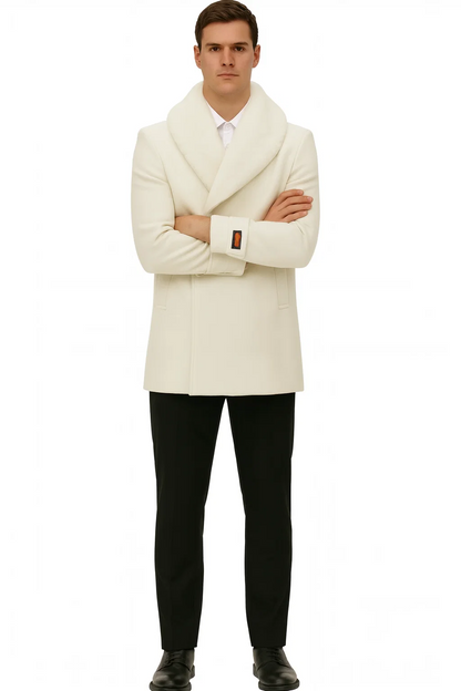 Mens White Peacoat Double-Breasted Overcoat with Faux Fur Shawl Collar – Alberto Nardoni Collection Wool Fabric