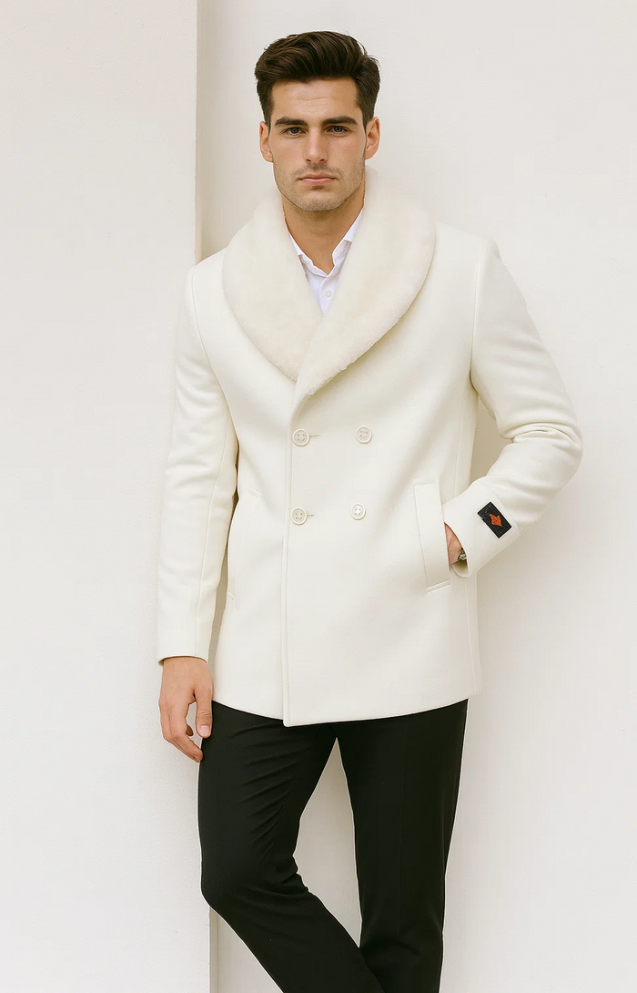 Mens White Peacoat Double-Breasted Overcoat with Faux Fur Shawl Collar – Alberto Nardoni Collection Wool Fabric