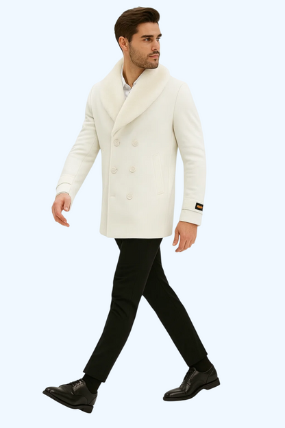 Mens White Peacoat Double-Breasted Overcoat with Faux Fur Shawl Collar – Alberto Nardoni Collection Wool Fabric