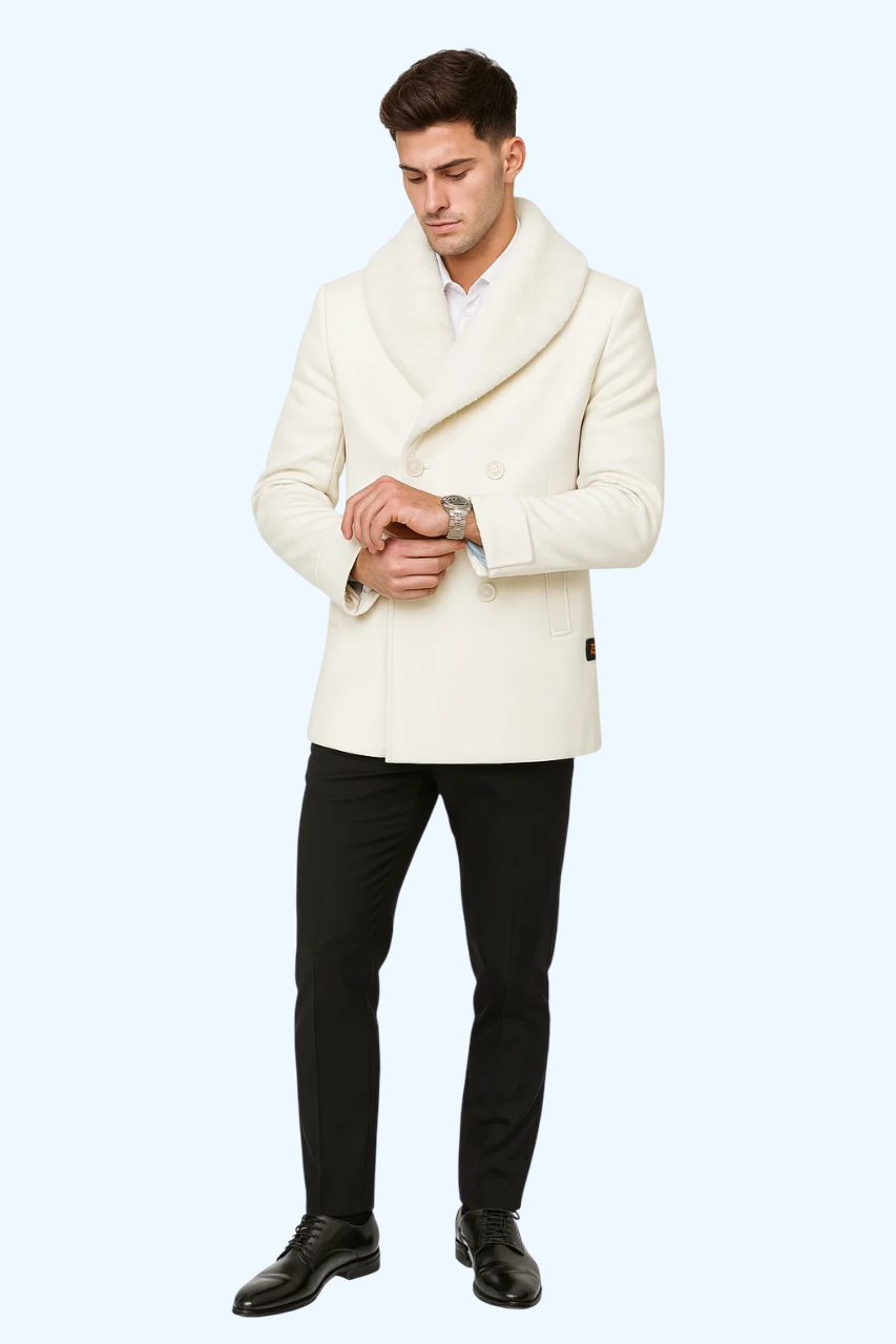 Mens White Peacoat Double-Breasted Overcoat with Faux Fur Shawl Collar – Alberto Nardoni Collection Wool Fabric