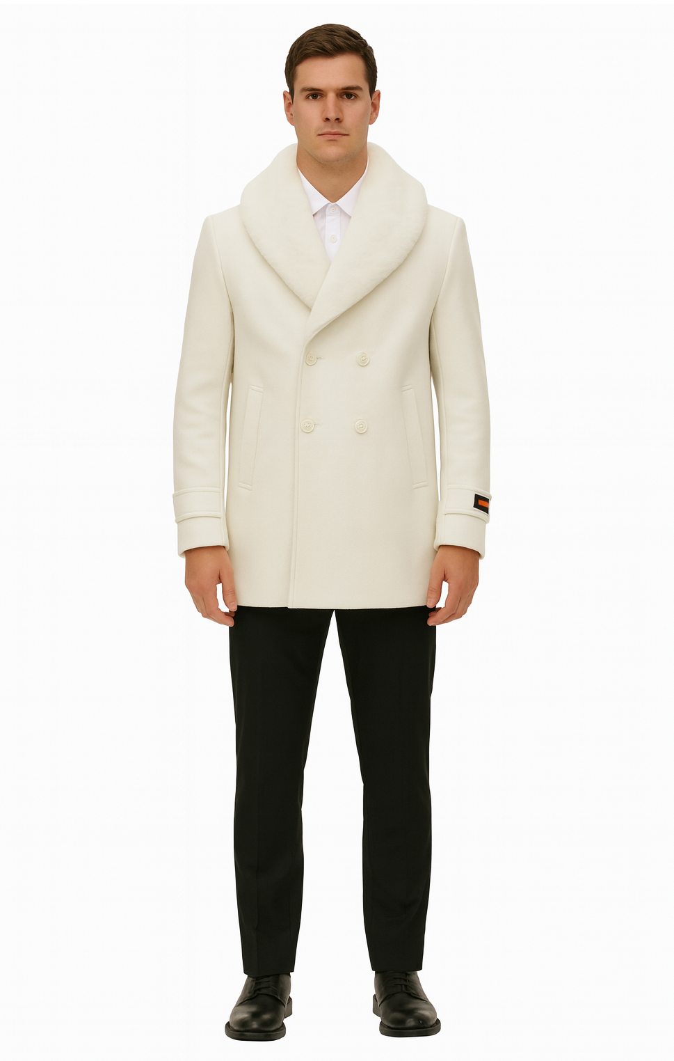 Mens White Peacoat Double-Breasted Overcoat with Faux Fur Shawl Collar – Alberto Nardoni Collection Wool Fabric