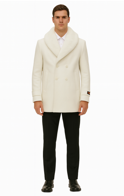 Mens White Peacoat Double-Breasted Overcoat with Faux Fur Shawl Collar – Alberto Nardoni Collection Wool Fabric