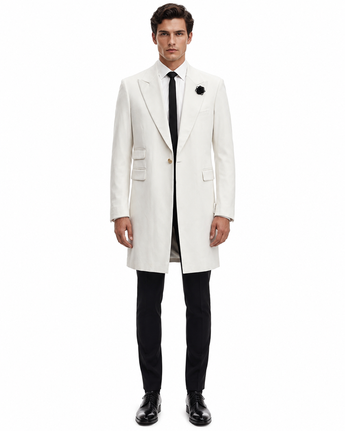 Mens White Velvet Victorian Tailcoat Tuxedo – Three Quarter Length Cutaway Stage And Wedding Jacket