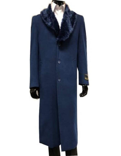 Mens Wool Overcoat With Fur Collar Full Length 48 Inches Blue Color - Navy Blue Topcoat 1   - from alligatorwarehouse.com