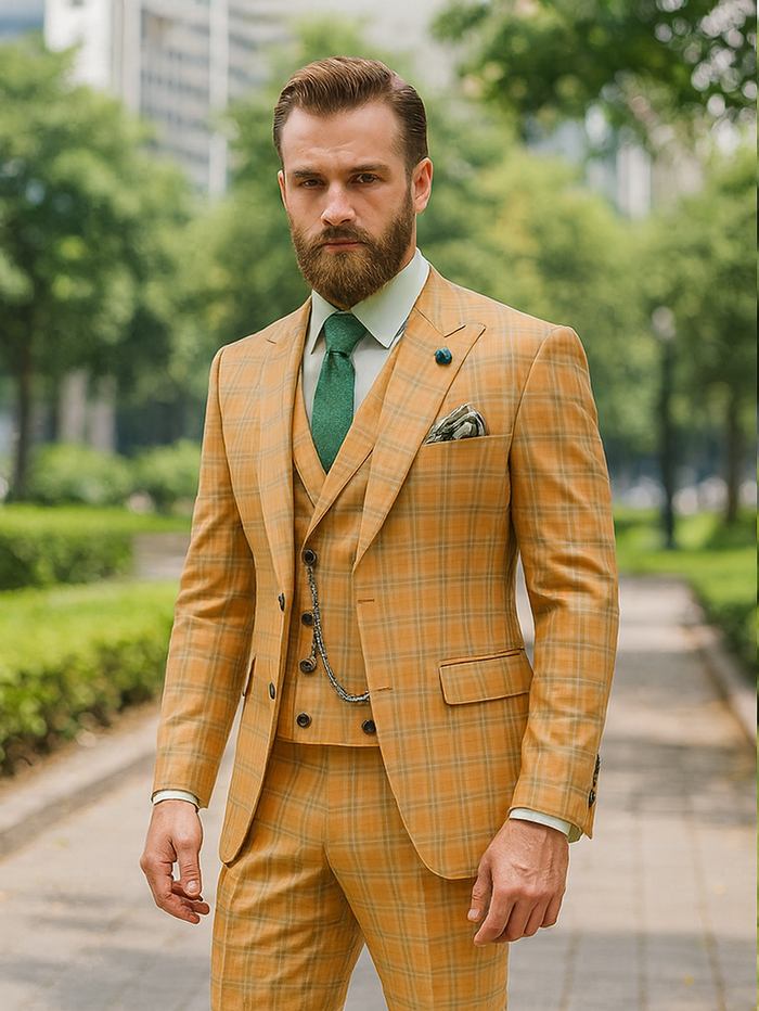 Men’s Yellow Plaid 3-Piece Suit with Vest – Stylish Formal Wear