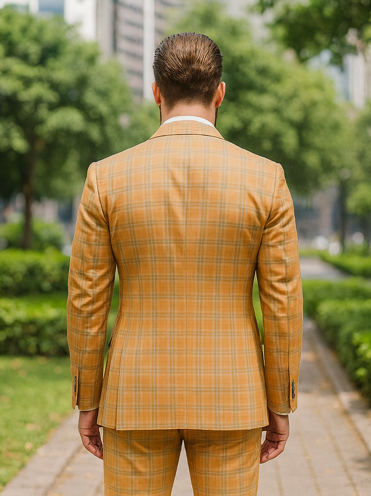 Men’s Yellow Plaid 3-Piece Suit with Vest – Stylish Formal Wear