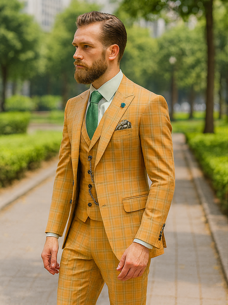 Men’s Yellow Plaid 3-Piece Suit with Vest – Stylish Formal Wear