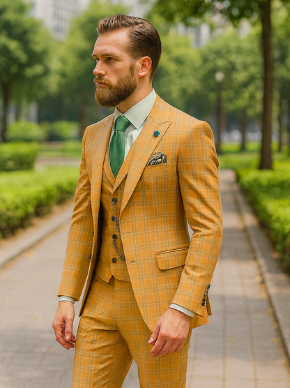 Men’s Yellow Plaid 3-Piece Suit with Vest – Stylish Formal Wear