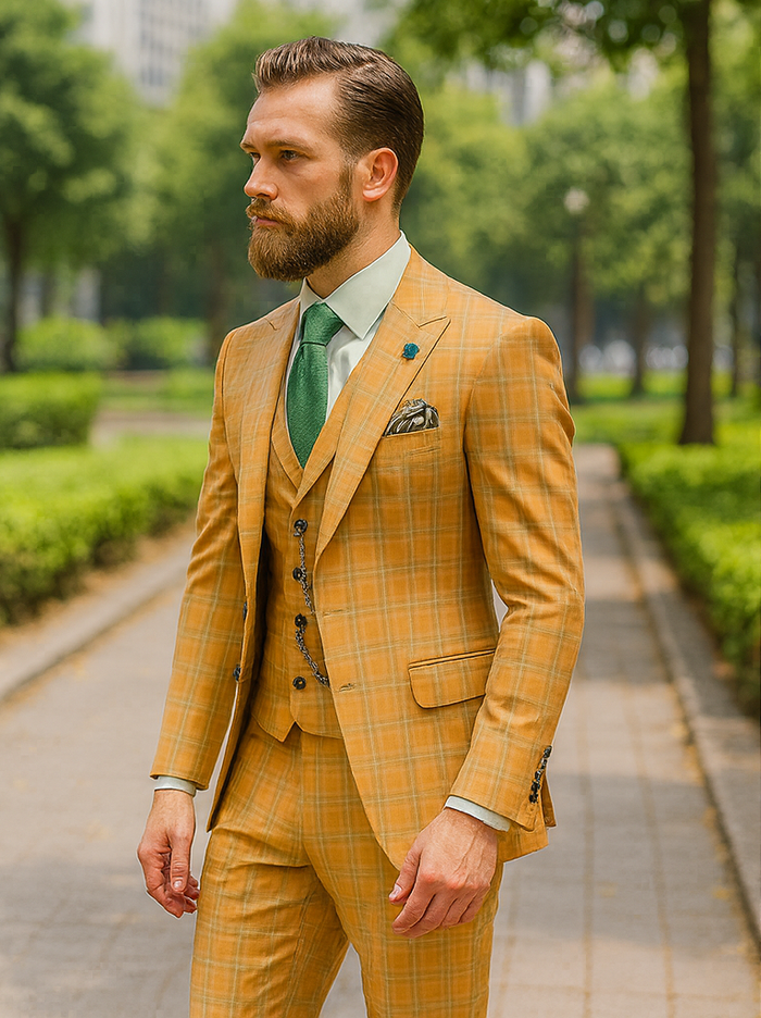 Men’s Yellow Plaid 3-Piece Suit with Vest – Stylish Formal Wear