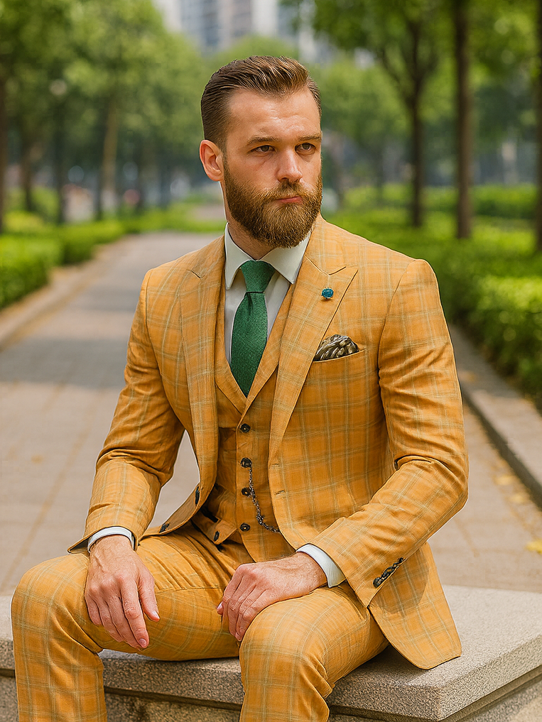 Men’s Yellow Plaid 3-Piece Suit with Vest – Stylish Formal Wear 4   - from alligatorwarehouse.com