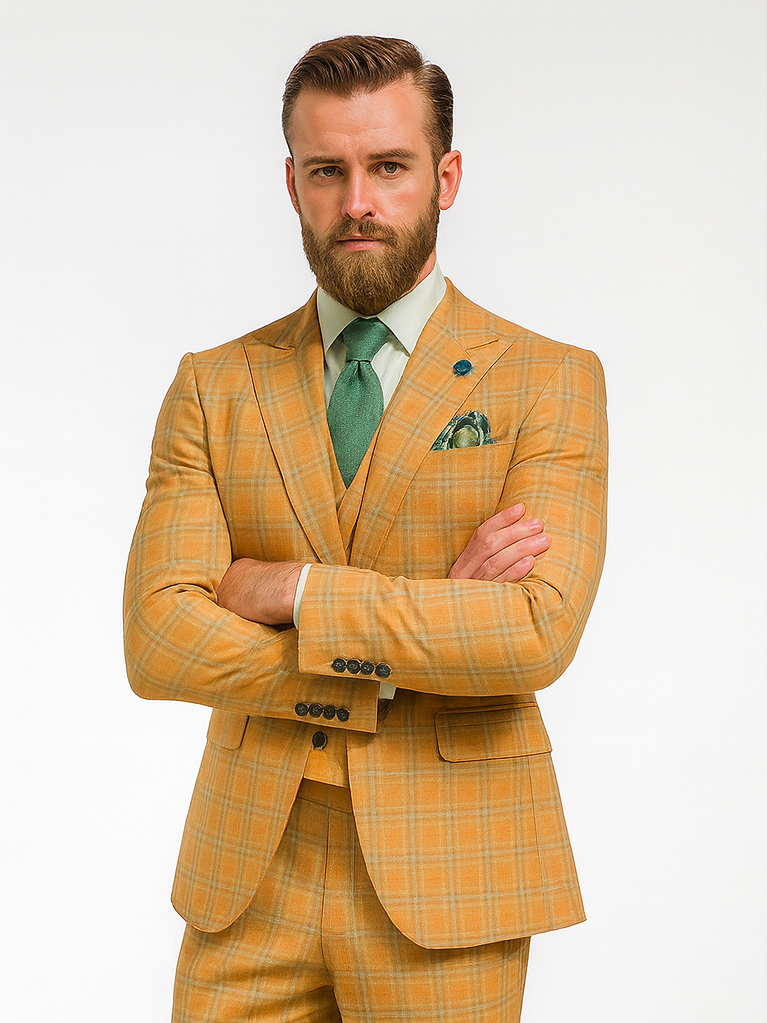 Men’s Yellow Plaid 3-Piece Suit with Vest – Stylish Formal Wear 5   - from alligatorwarehouse.com