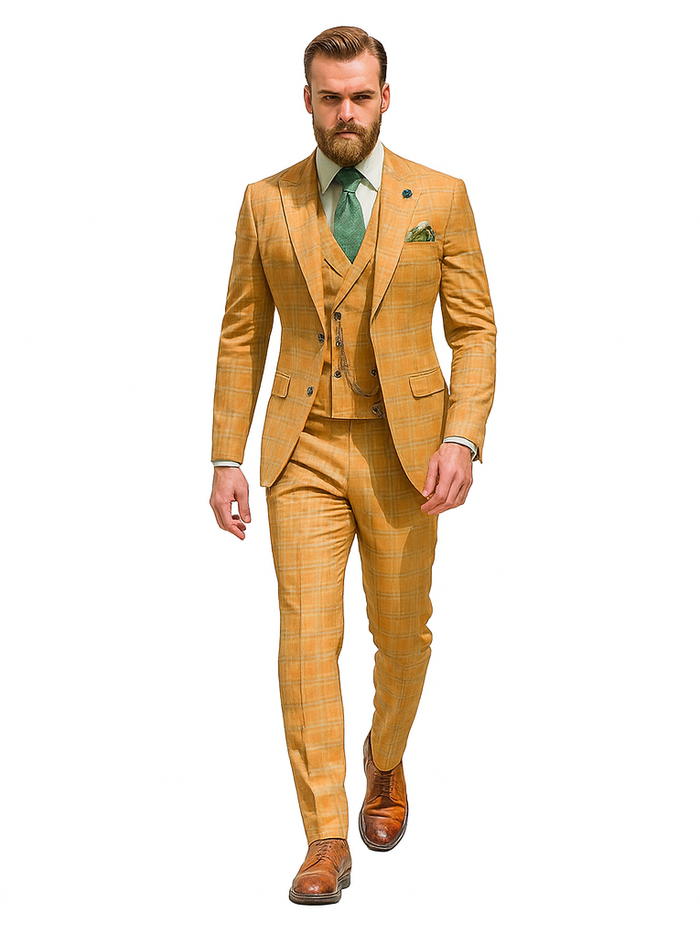 Men’s Yellow Plaid 3-Piece Suit with Vest – Stylish Formal Wear