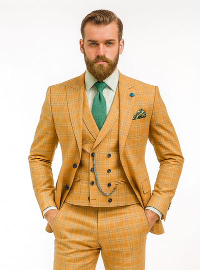 Men’s Yellow Plaid 3-Piece Suit with Vest – Stylish Formal Wear 7   - from alligatorwarehouse.com