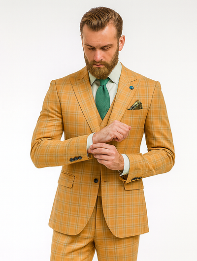 Men’s Yellow Plaid 3-Piece Suit with Vest – Stylish Formal Wear 8   - from alligatorwarehouse.com